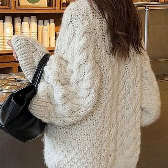 White Casual Women's Hemp Pattern Round Collar Wide Sleeve Long Sleeve Sweater - Picture 4 of 9